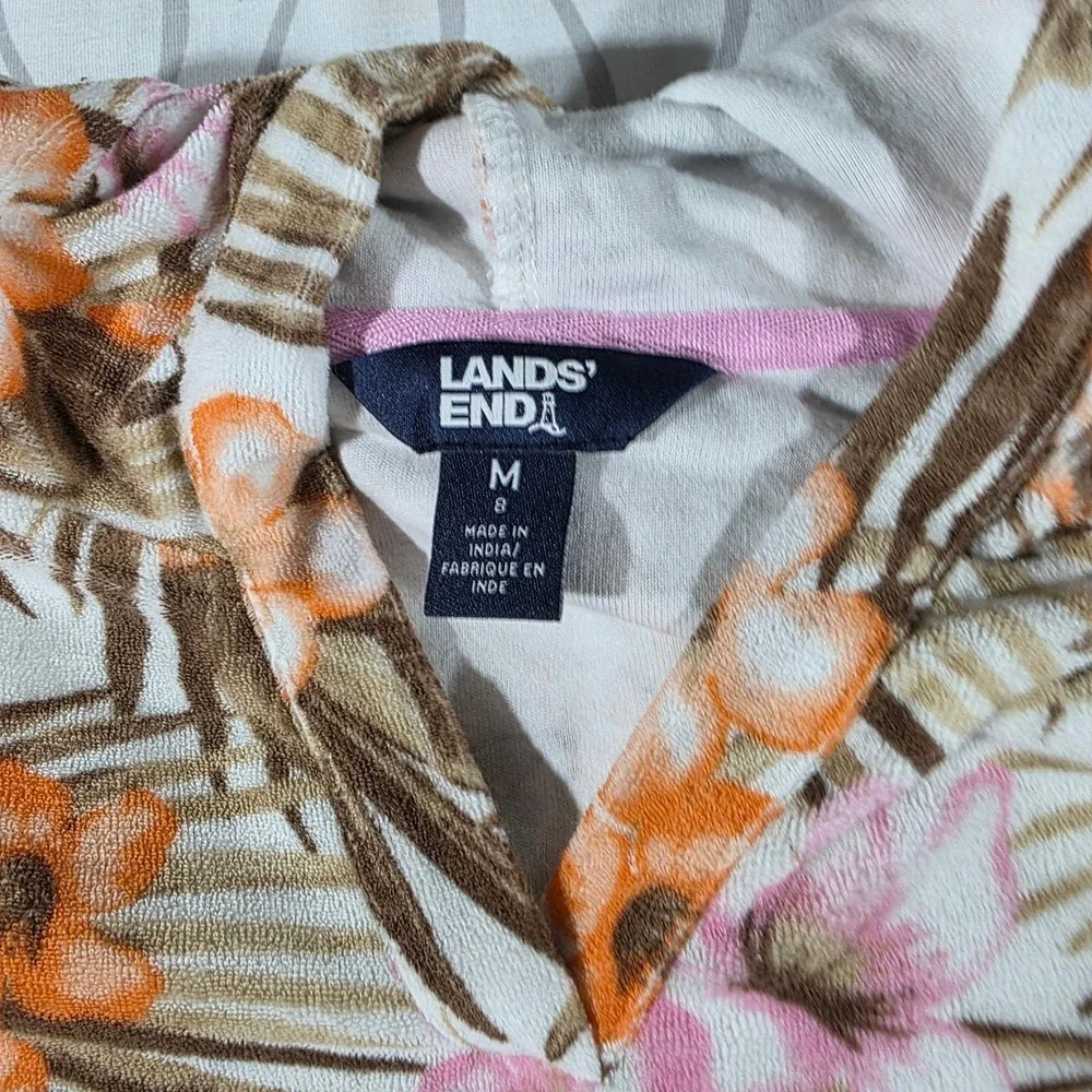 Lands End Girls White Tropic Palm Terry Cloth Hooded Swim Cover-Up Size M 8